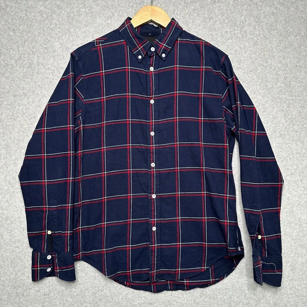 Rag & Bone Mens Fit 2 Navy Blue Red Windowpane Plaid Cotton Flannel Shirt Medium